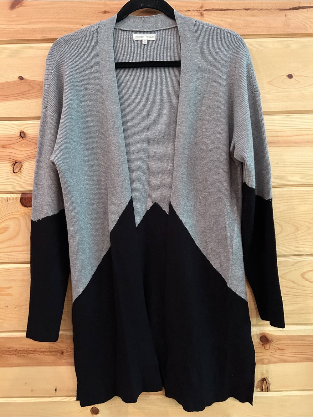 Women’s Two-Tone Gray and Black Long Open-Front Cardigan, Size M